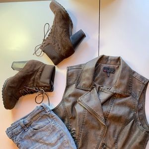 Brown suede, heel boots, lace ups